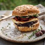 Burger wegetariański przygotowany na bazie tapenady z grillowanym serem halloumi, plastrami bakłażana, karmelizowaną cebulą a także z chrupiącymi warzywami.