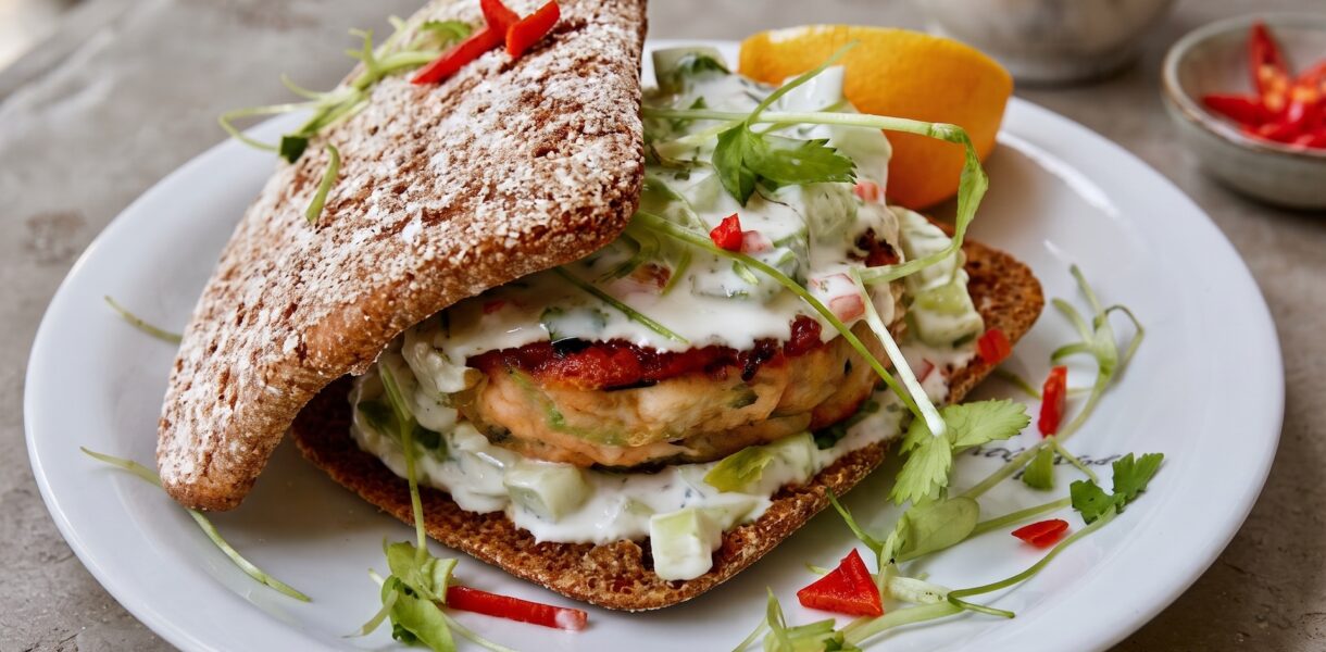 Burger z mielonego mięsa łososia i surowych krewetek doprawiony po azjatycku podany z dipem kolendrowym w świeżej bułce.
