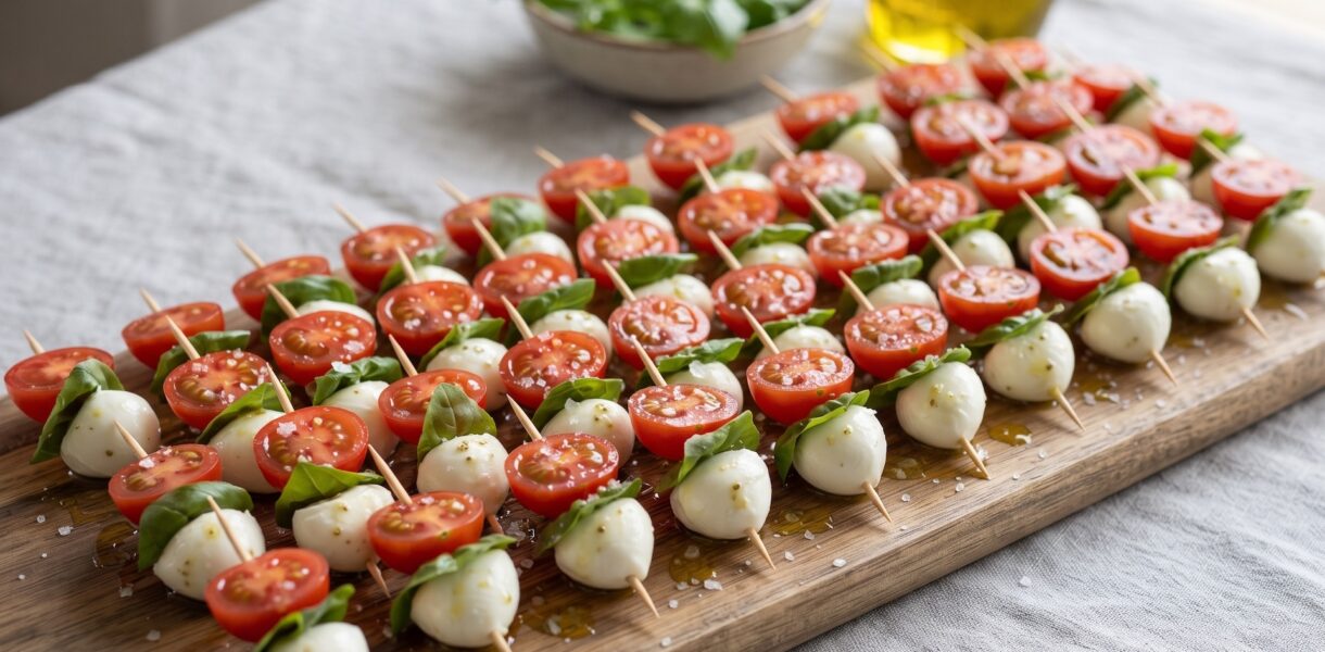 Caprese w poniższym przepisie to moja wersji słynnej włoskiej sałatki z urokliwej wyspy Capri. Przygotowana jest z pomidorków koktajlowych, mozzarelli w kulkach i świeżych liści bazylii nadzianych na wykałaczki. Idealna wersja na domowe party.