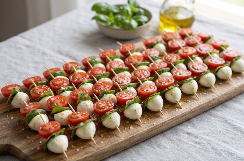 Caprese w poniższym przepisie to moja wersji słynnej włoskiej sałatki z urokliwej wyspy Capri. Przygotowana jest z pomidorków koktajlowych, mozzarelli w kulkach i świeżych liści bazylii nadzianych na wykałaczki. Idealna wersja na domowe party.