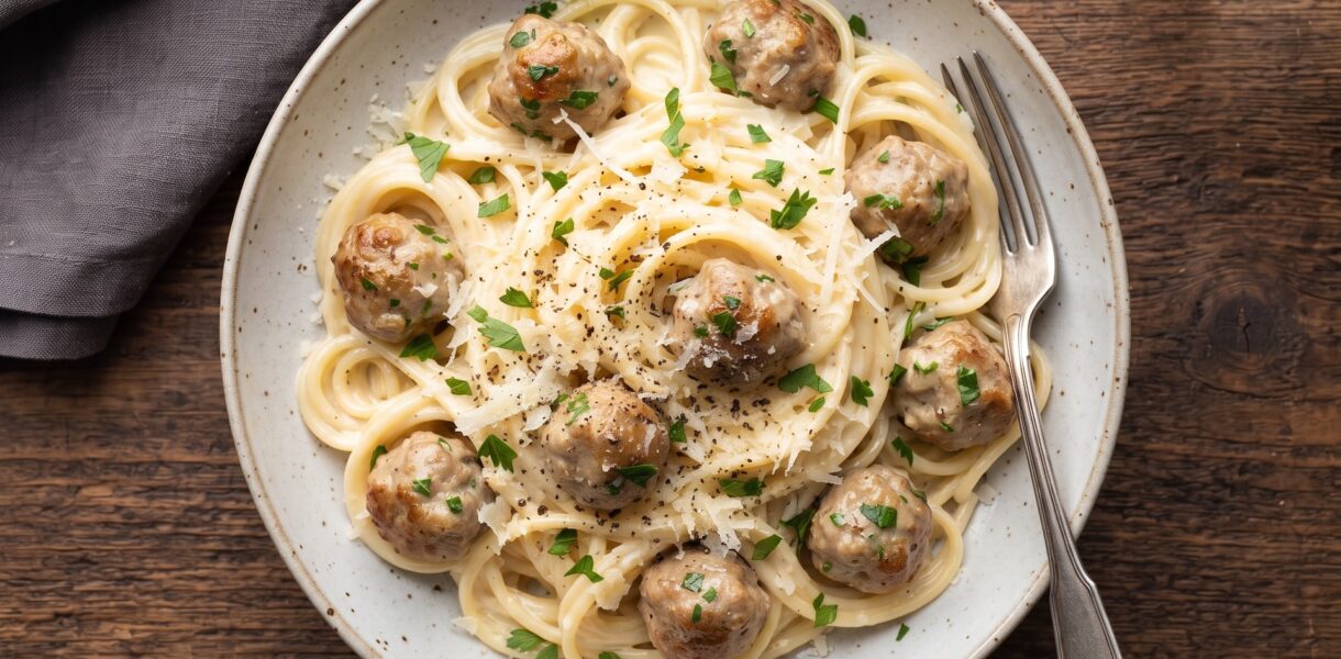 Spaghetti carbonara z klopsikami z surowych kiełbasek wieprzowej z sosem z jajek, parmezanu i słodkiej śmietanki.