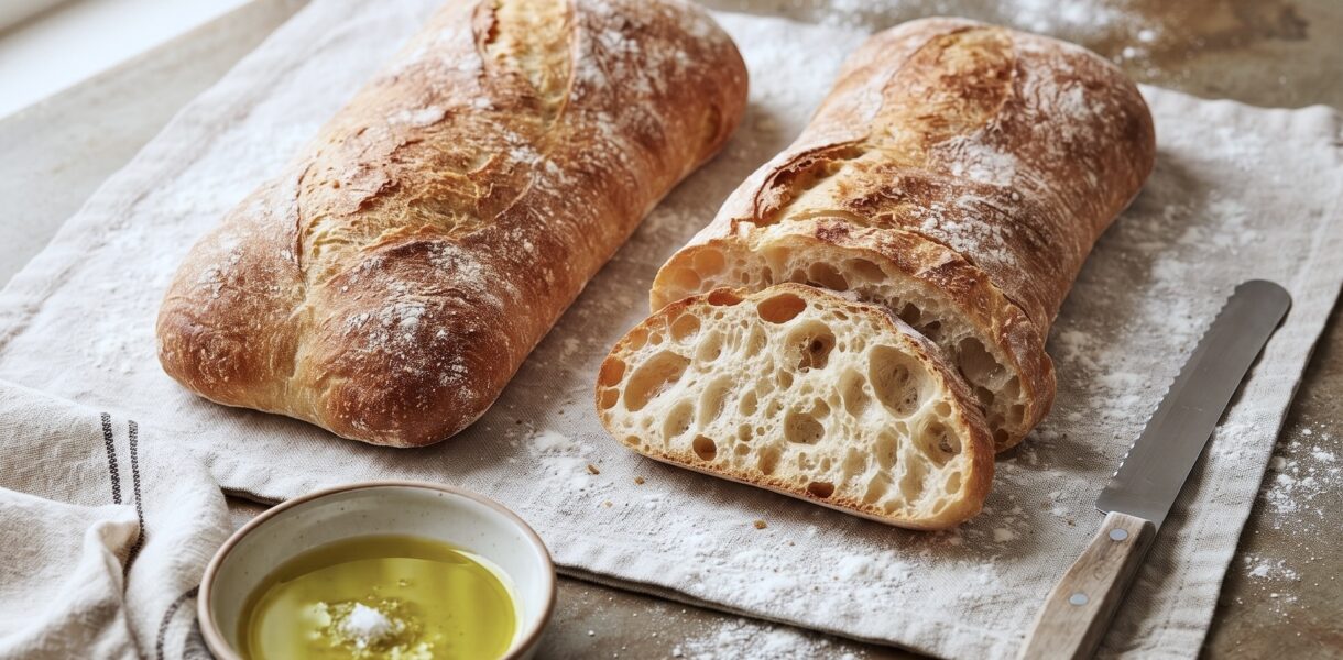 Ciabatta to lekkie włoskie pieczywo przygotowane na zakwasie drożdżowym pieczone w wysokiej temperaturze z dodatkiem kostek lodu, aby skórka była chrupiąca a środek puszysty.