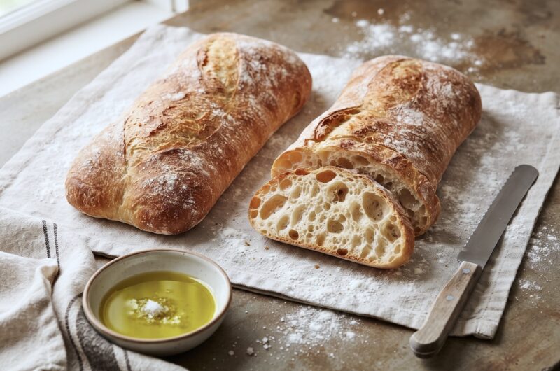Ciabatta to lekkie włoskie pieczywo przygotowane na zakwasie drożdżowym pieczone w wysokiej temperaturze z dodatkiem kostek lodu, aby skórka była chrupiąca a środek puszysty.