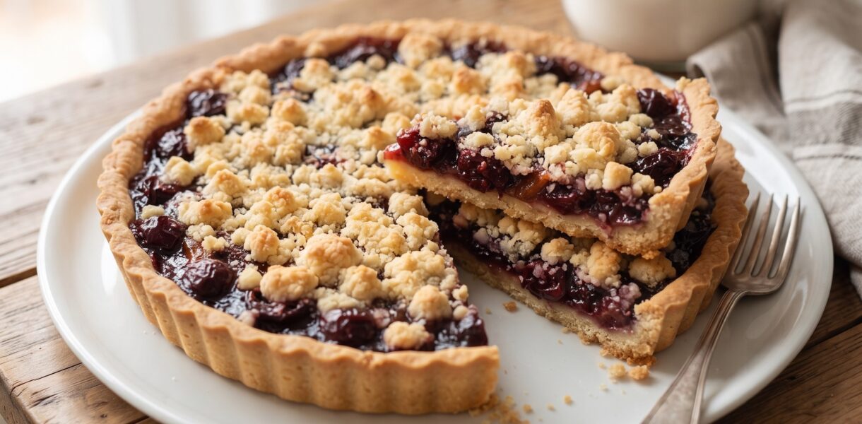 Szybkie kruche ciasto z dżemem z kawałkami owoców leśnych pieczone w formie z tarty. To bardzo popularne włoskie ciasto o nazwie crostata.