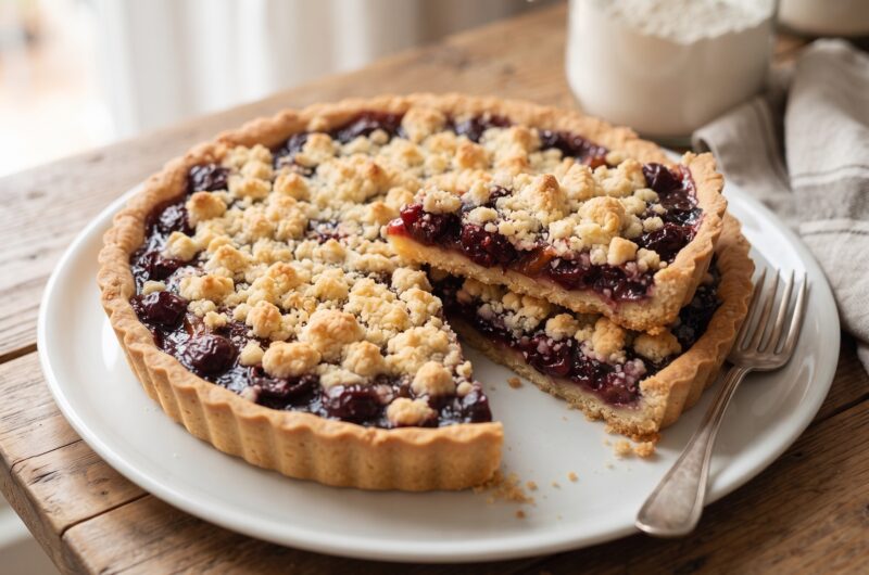 Szybkie kruche ciasto z dżemem z kawałkami owoców leśnych pieczone w formie z tarty. To bardzo popularne włoskie ciasto o nazwie crostata.