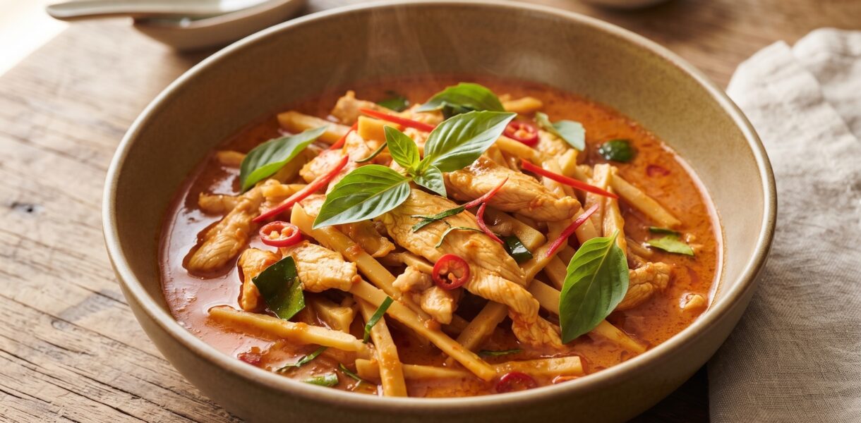 Piersi z kurczaka krojone na małe kawałki, a następnie duszone w paście curry i mleczku kokosowym podane z pędami bambusa i świeżą bazylią.
