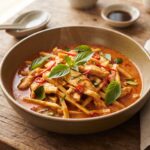 Piersi z kurczaka krojone na małe kawałki, a następnie duszone w paście curry i mleczku kokosowym podane z pędami bambusa i świeżą bazylią.