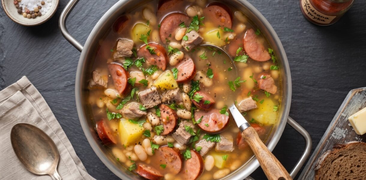Fasolówka to aromatyczna i sycąca zupa fasolowa. Przygotowuje się ją na bazie aromatycznej wędzonki z dodatkiem mięsa wieprzowego, ziemniaków i pomidorów. Jej smak należy wzbogacić również kiełbasą i suszonym oregano.