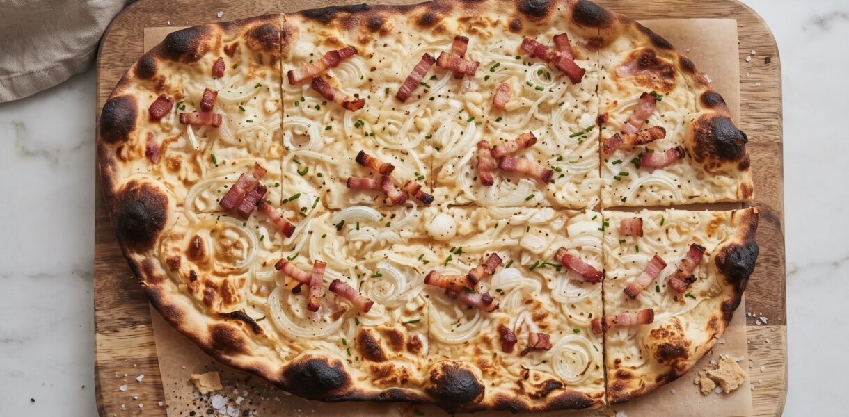 Flammkuchen alzacki to prosty podpłomyk przygotowany z mąki i wody. Na cieniutko rozwałkowane ciasto nakłada się śmietanę, a następnie piórka cebuli i plasterki wędzonego boczku. Pieczemy bardzo krótko w bardzo wysokiej temperaturze.