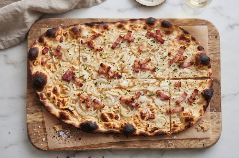 Flammkuchen alzacki to prosty podpłomyk przygotowany z mąki i wody. Na cieniutko rozwałkowane ciasto nakłada się śmietanę, a następnie piórka cebuli i plasterki wędzonego boczku. Pieczemy bardzo krótko w bardzo wysokiej temperaturze.