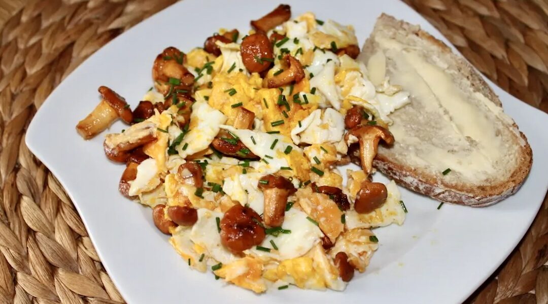 Jajecznica z kurkami z wiejskich jaj z dodatkiem przesmażonych z cebulą leśnych grzybów kurek posypana szczypiorkiem. Moja ulubiona wersja jajecznicy