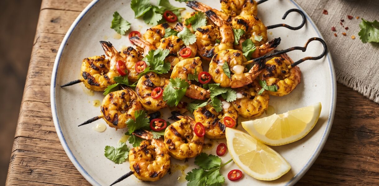 Krewetki marynowane w jogurcie z dodatkiem czosnku, chili, kolendry i kurkumy, a następnie grillowane na ruszcie.