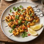 Krewetki marynowane w jogurcie z dodatkiem czosnku, chili, kolendry i kurkumy, a następnie grillowane na ruszcie.