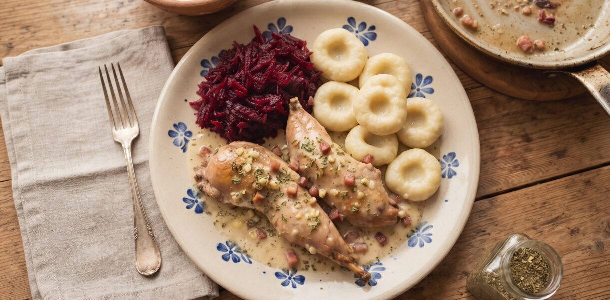 Królik w sosie śmietanowym czyli kawałki królika marynowane w kefirze, a następnie duszone w sosie własnym na koniec doprawione kwaśną śmietaną.