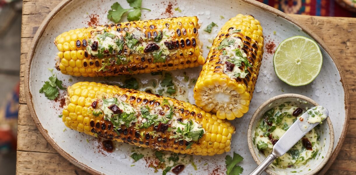 Kukurydza z grilla, czyli kukurydza gotowana, a następnie grillowana i podana z masłem czosnkowym z dodatkiem świeżej kolendry i papryczki chipotle.