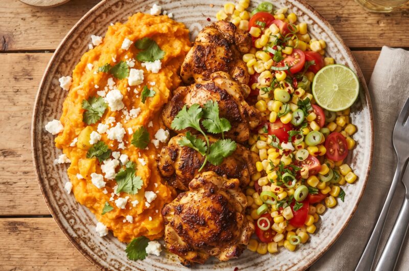 Kurczak TexMex czyli kawałki kurczaka smażone w przyprawie meksykańskiej podane z puree z batata i sera feta z dodatkiem kolendry.