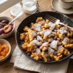 Omlet cesarski to puszysty omlet z rozkłóconych jajek z dodatkiem piany z ubitych białek jajek z rodzynkami i wanilią serwowany na słodko np. z rosterem morelowym.
