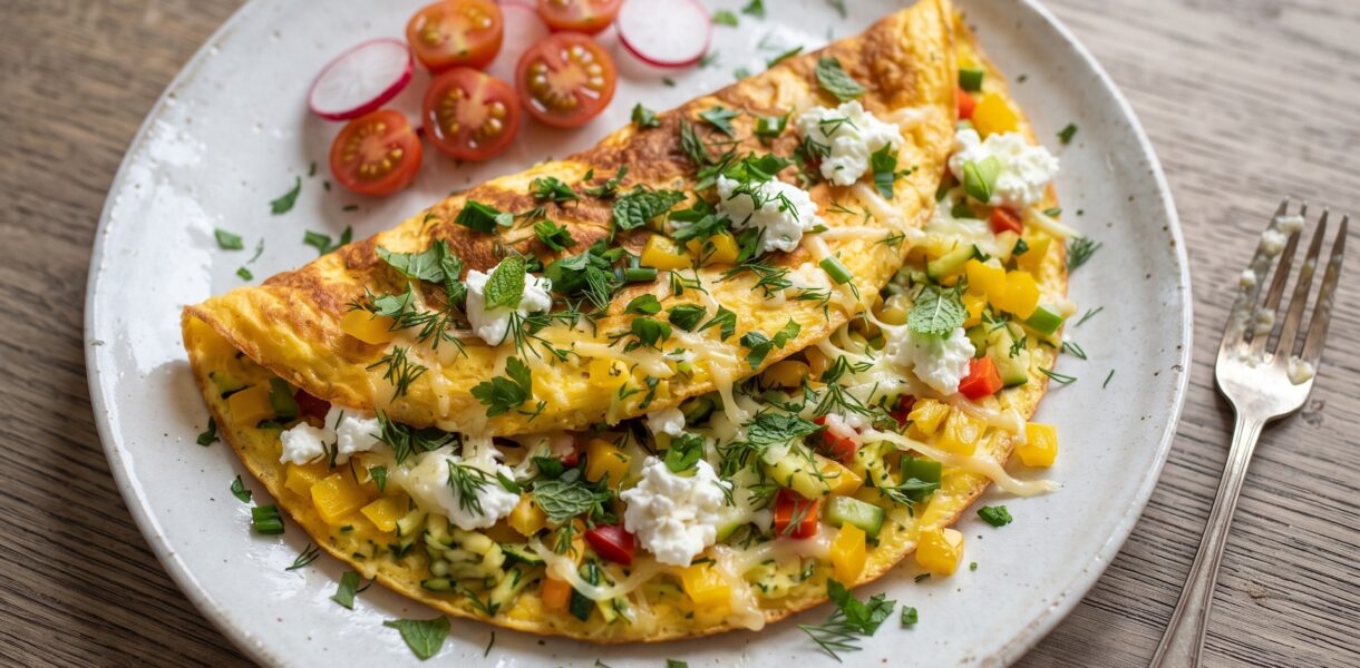 Omlet z warzywami to w tej wersji omlet z dodatkiem startych i siekanych drobno warzyw oraz świeżych ziół wzbogacony dwoma rodzajami serów.