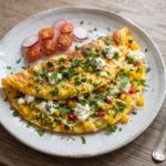 Omlet z warzywami to w tej wersji omlet z dodatkiem startych i siekanych drobno warzyw oraz świeżych ziół wzbogacony dwoma rodzajami serów.