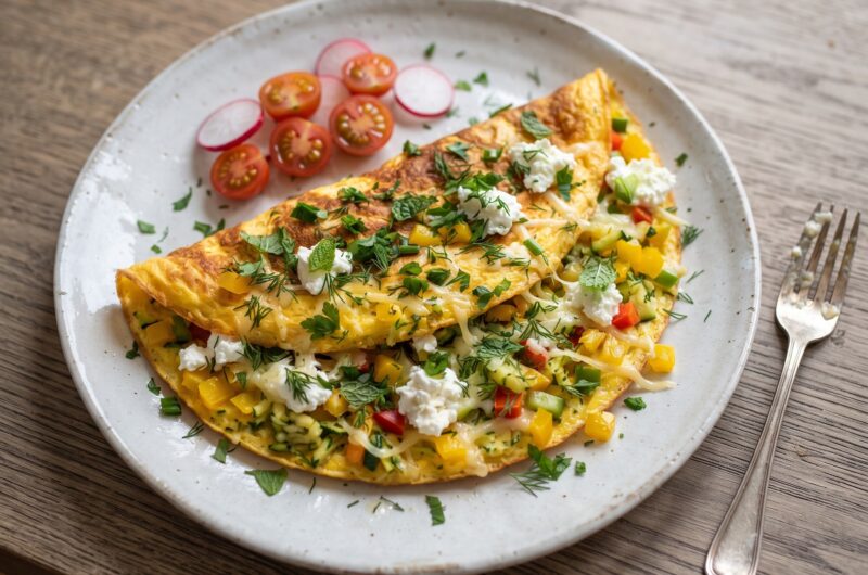 Omlet z warzywami to w tej wersji omlet z dodatkiem startych i siekanych drobno warzyw oraz świeżych ziół wzbogacony dwoma rodzajami serów.