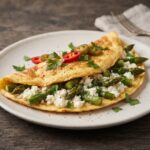 Omlet ze szparagami przyrządzamy zawsze ze świeżych wiejskich jajek. Rozkłócone jajka należy połączyć na patelni z kawałkami jędrnych zielonych szparagów oraz serem feta i ostrą papryczką chilli.