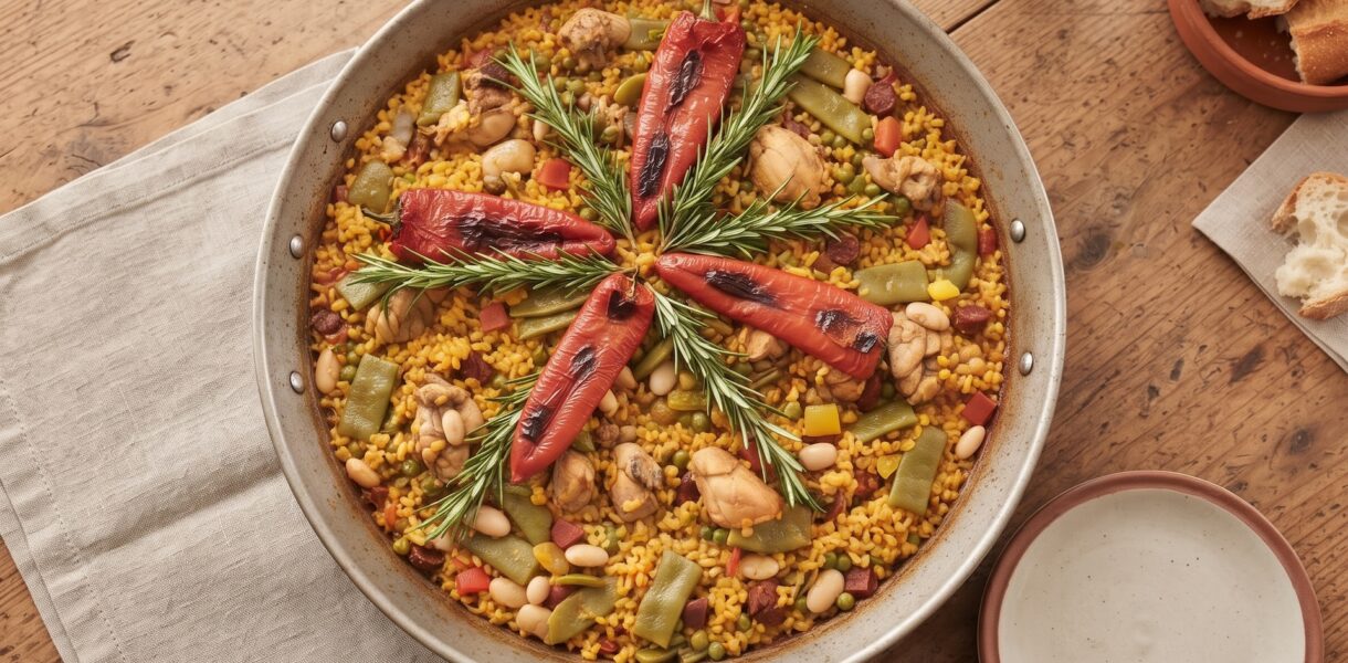 Paella Valenciana to tradycyjna potrawa hiszpańska z mięsa i warzyw z dodatkiem ryżu z szafranem i mieloną papryką.