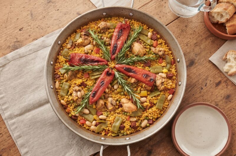 Paella Valenciana to tradycyjna potrawa hiszpańska z mięsa i warzyw z dodatkiem ryżu z szafranem i mieloną papryką.