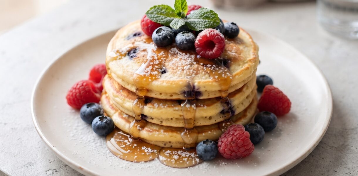 Pancakes z owocami leśnymi to doskonałe połączenie puszystych naleśników z mąki, mleka, żółtek i piany z białek jajek i owoców leśnych. Całość dopełnia słodki syrop klonowy. I jak tu nie kochać takiego jedzenia?