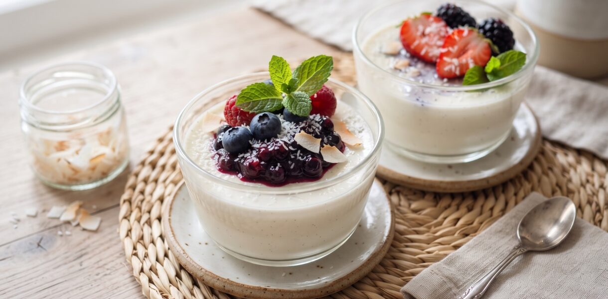 Panna Cotta, czyli włoski deser przyrządzany z gotowanej słodkiej śmietanki z dodatkiem żelatyny, cukru i wanilii podany z owocami.