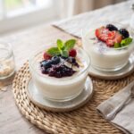 Panna Cotta, czyli włoski deser przyrządzany z gotowanej słodkiej śmietanki z dodatkiem żelatyny, cukru i wanilii podany z owocami.