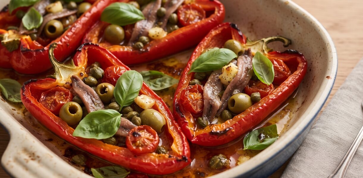 Papryka pieczona po piemoncku to czerwona papryka przekrojona wzdłuż na połowę, wypełniona filetami anchois, kaparami i oliwkami, a następnie zapieczona.