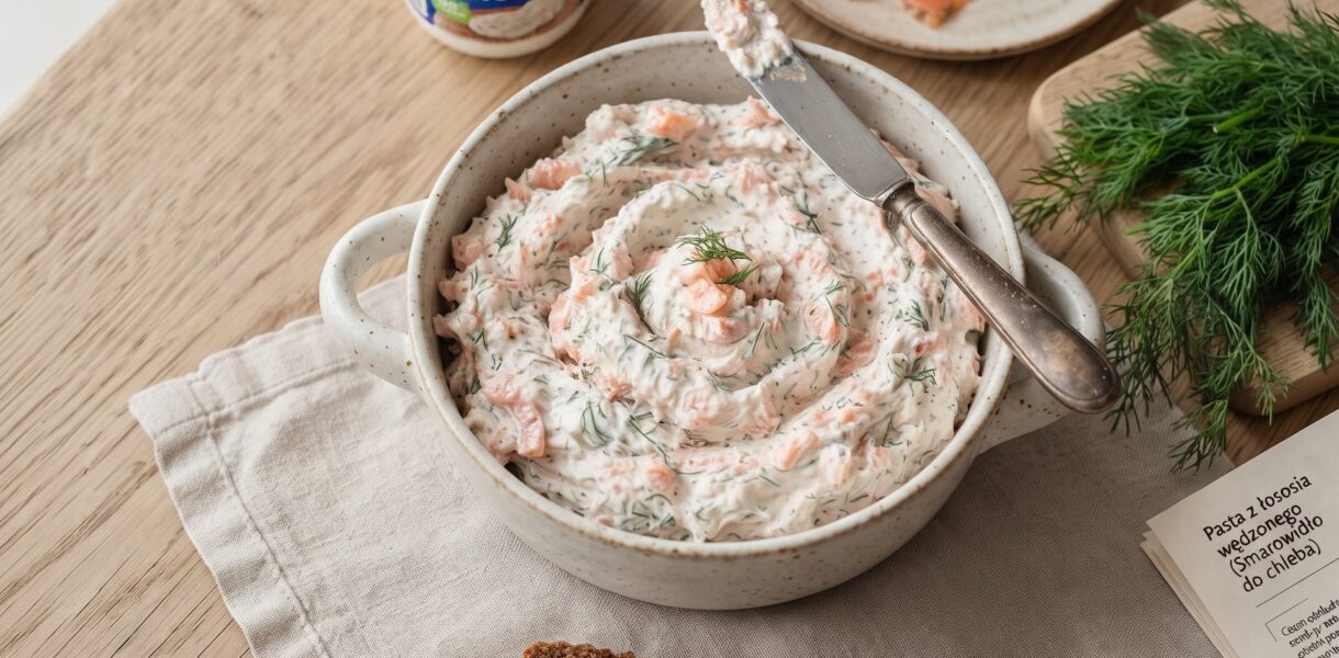 Pasta z łososia to pyszne smarowidło do pieczywa. Pasta została przygotowana ze zmielonego łososia wędzonego zmieszanego z puszystym serkiem, kwaśną śmietaną i świeżym koperkiem.