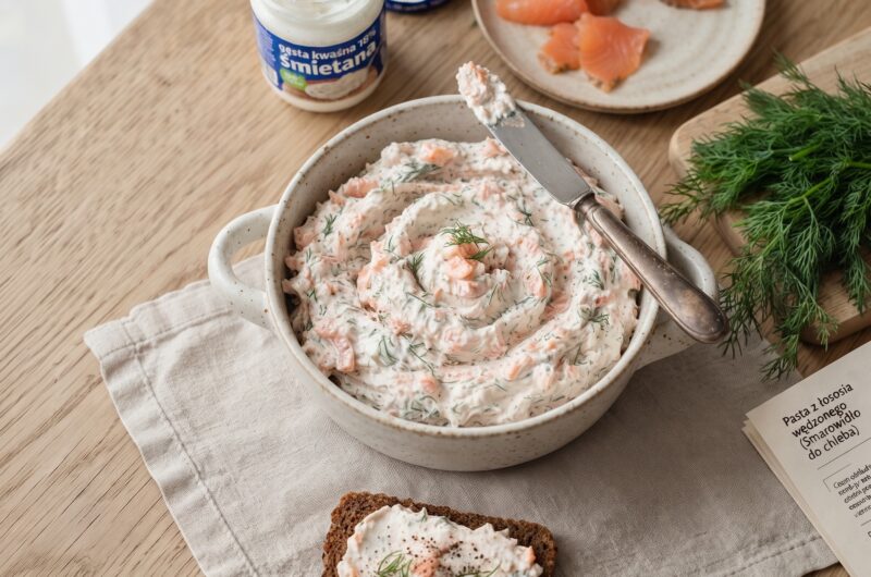 Pasta z łososia to pyszne smarowidło do pieczywa. Pasta została przygotowana ze zmielonego łososia wędzonego zmieszanego z puszystym serkiem, kwaśną śmietaną i świeżym koperkiem.