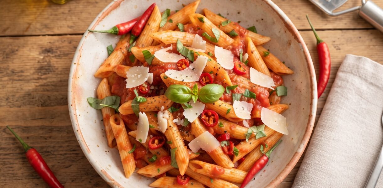 Penne arrabiata to makaron podawany z bardzo ostrym sosem z pomidorów, cebuli, chilli i czosnku.