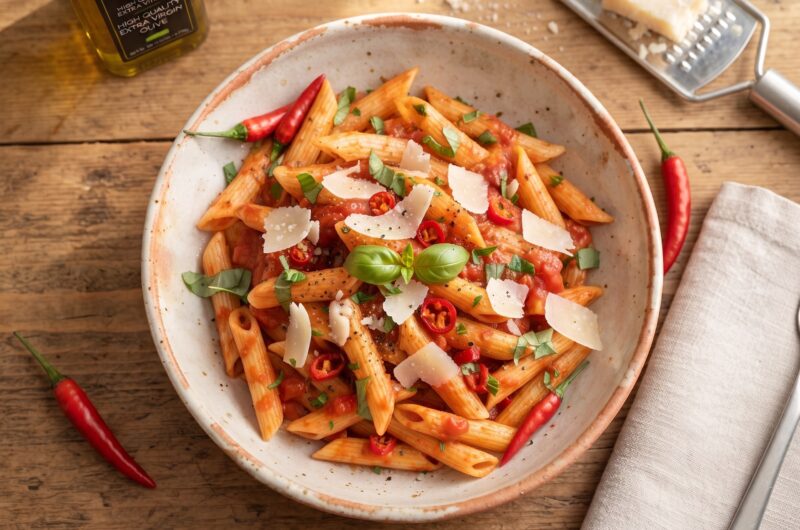 Penne arrabiata to makaron podawany z bardzo ostrym sosem z pomidorów, cebuli, chilli i czosnku.