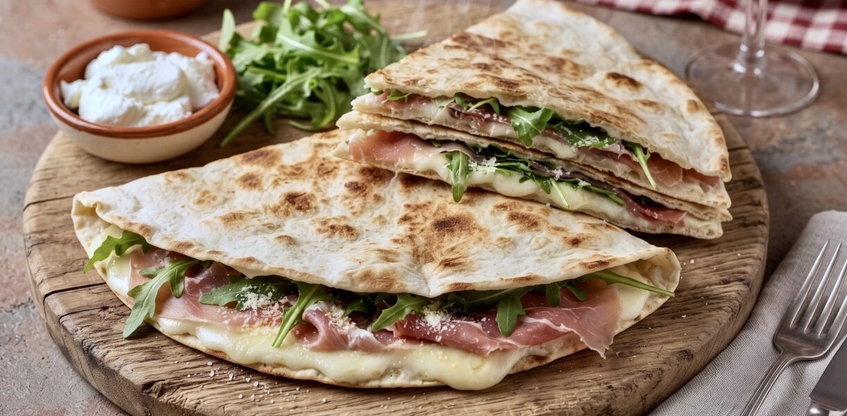 Piadina romagnola to nieduży włoski placek przyrządzany z mąki pszennej i smalcu. Po krótkim smażeniu piadinę wypełnia się ulubionymi składnikami i podgrzewa zajadając go jako sycącą przekąskę.