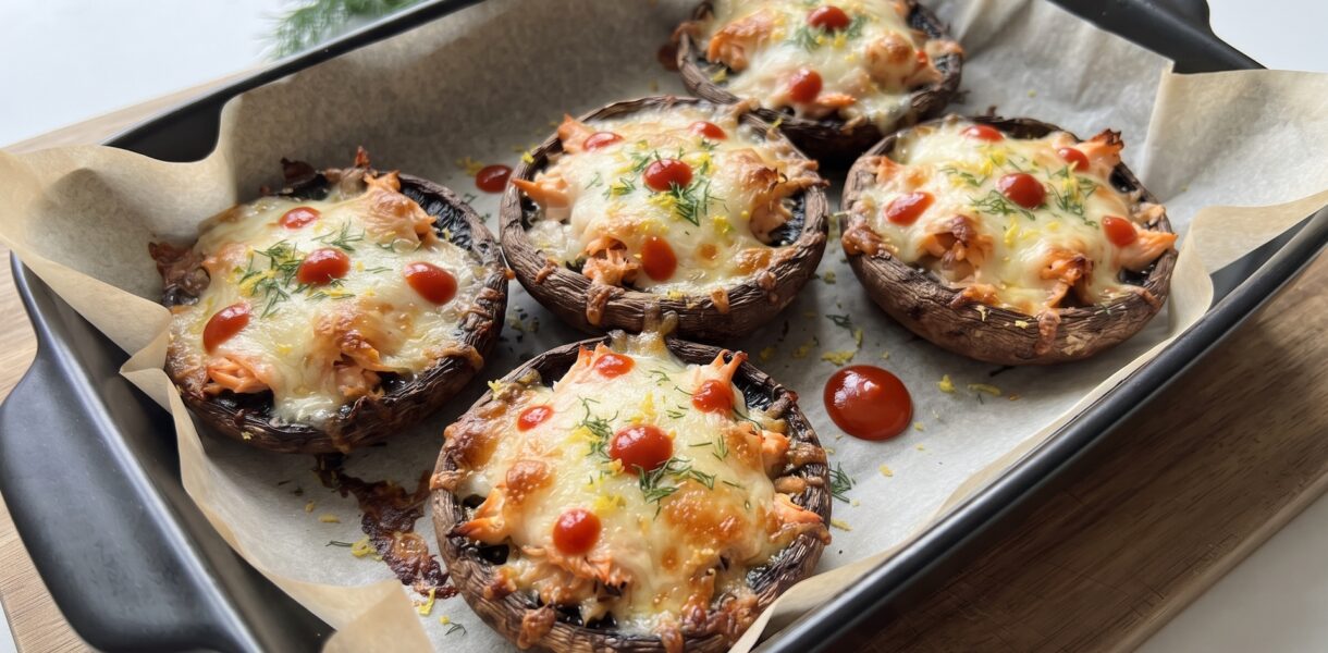 Pieczarki pieczone w mojej wersji to pieczarki Portobello wypełnione łososiem wędzonym oraz dwoma rodzajami sera i zapiekane.