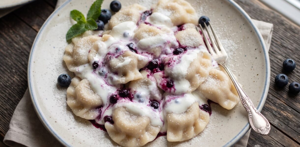 Pierogi wypełnione leśnymi borówkami z dodatkiem cukru gotowane i polane kwaśną śmietaną.
