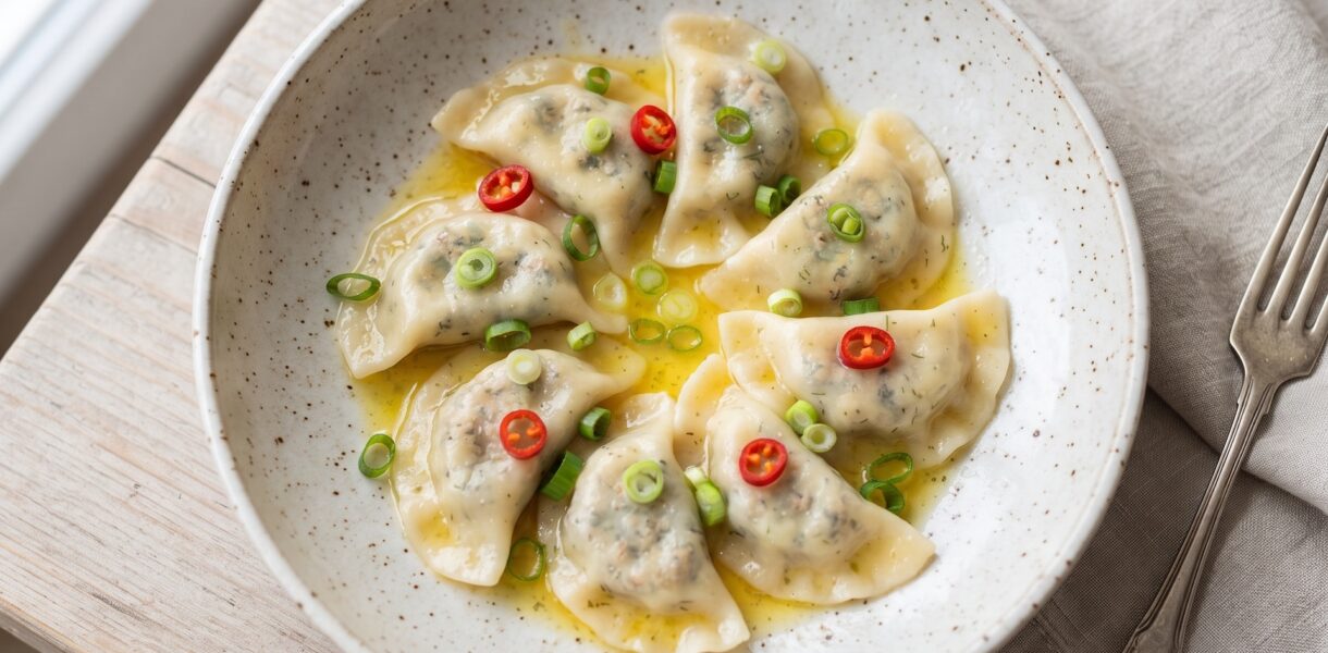 Pierogi z dorszem, czyli pyszne pierogi wypełnione farszem ze zmielonego świeżego dorsza i specku z dodatkiem świeżego koperku i bułki.