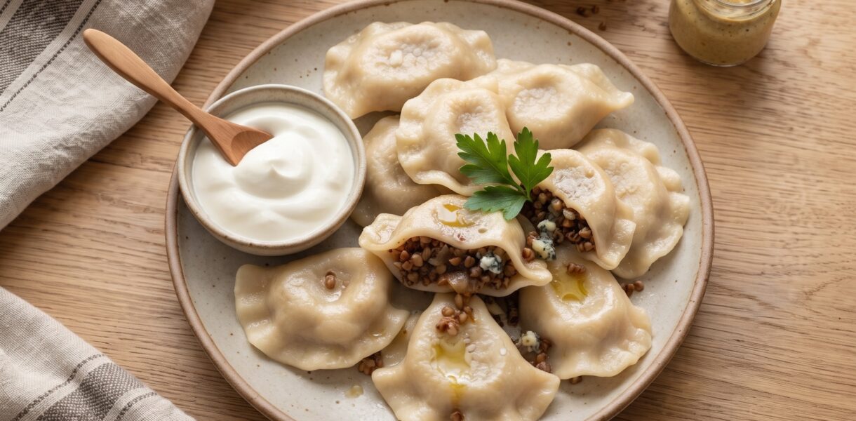 Pierogi z kaszą gryczaną uwielbiam, bowiem wypełnione są farszem z ugotowanej palonej kaszy gryczanej wymieszanej z serem  pleśniowym.