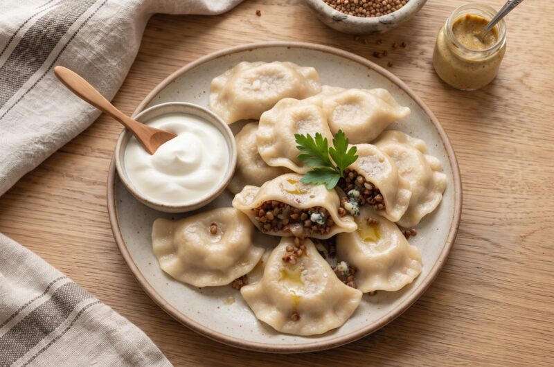 Pierogi z kaszą gryczaną uwielbiam, bowiem wypełnione są farszem z ugotowanej palonej kaszy gryczanej wymieszanej z serem  pleśniowym.
