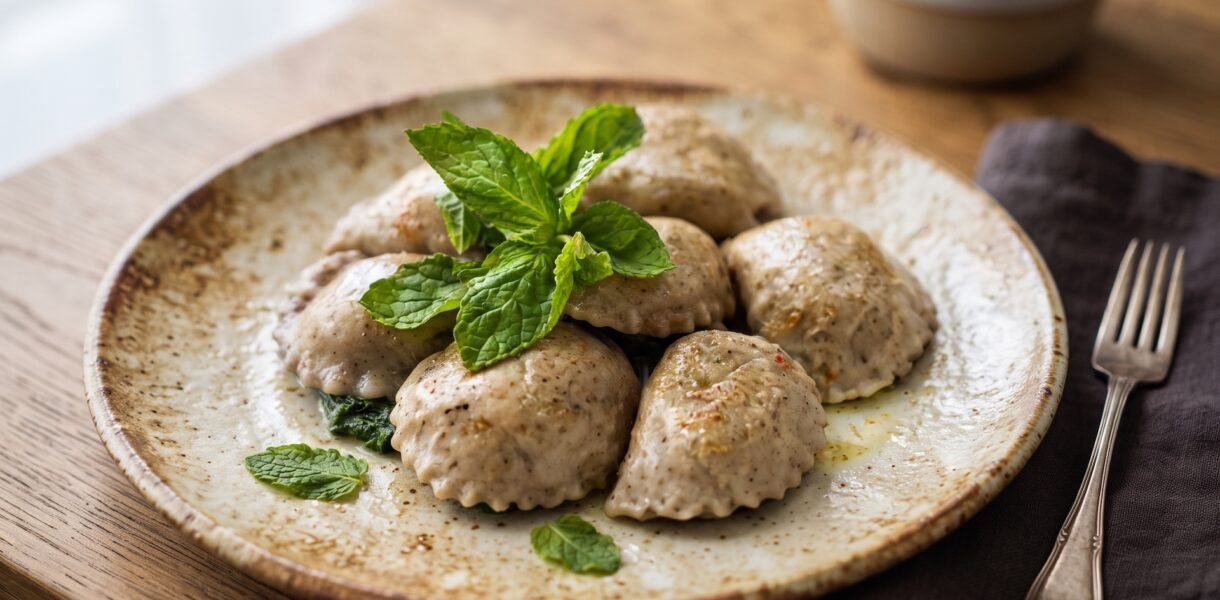 Pierogi ze szpinakiem przygotowane z mąki pszennej i pełnoziarnistej, zaś ich wnętrze wypełnione farszem z duszonego szpinaku, świeżych ziół i sera.
