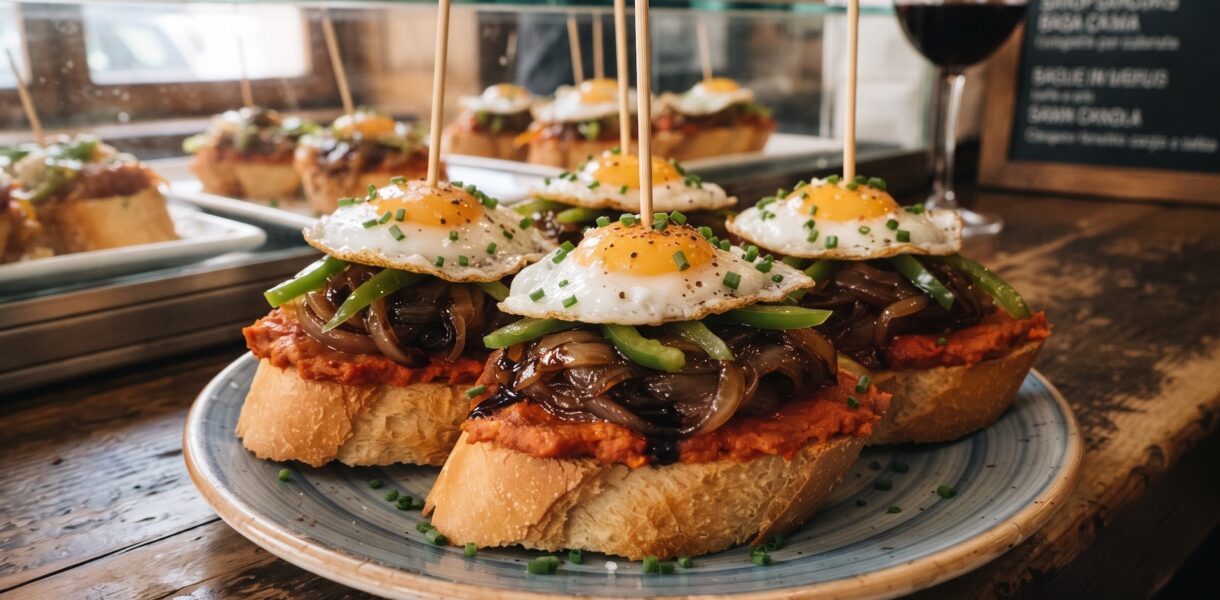 Pincho czyli hiszpańska przekąska to kanapka posmarowana miękką kiełbasą paprykowaną, obłożona karmelizowaną cebulą, kawałkami papryki i wzbogacona sadzonymi jajkami przepiórczymi.