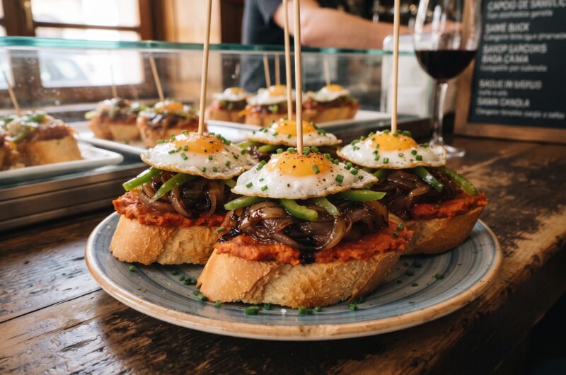 Pincho czyli hiszpańska przekąska to kanapka posmarowana miękką kiełbasą paprykowaną, obłożona karmelizowaną cebulą, kawałkami papryki i wzbogacona sadzonymi jajkami przepiórczymi.