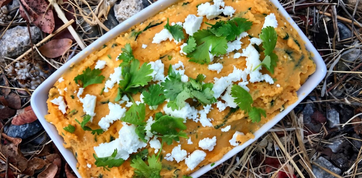 Puree z batatów przygotowuje się z ugniecionych gotowanych batatów z dodatkiem sera feta i świeżej kolendry.