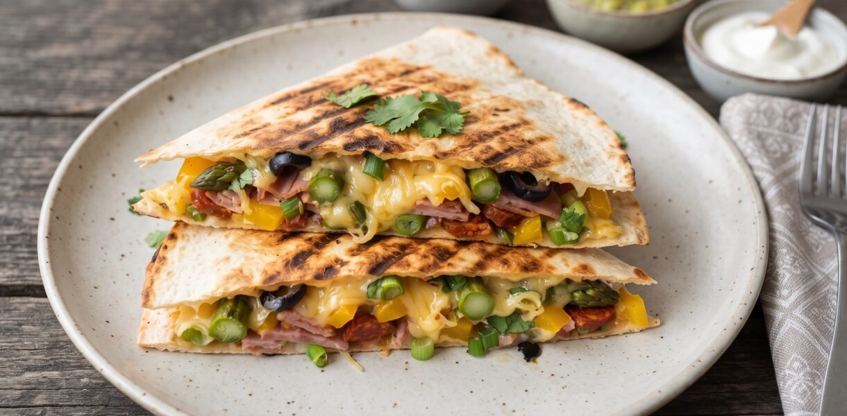 Quesadilla ze szparagami to tortilla obłożona wędliną, startym serem, papryką i szparagami, następnie przykryta drugą tortillą i podgrzana na patelni.