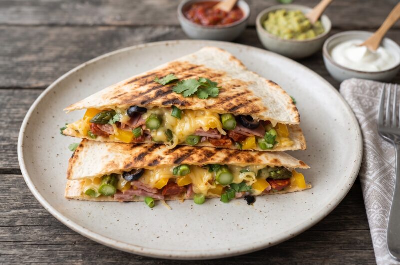 Quesadilla ze szparagami to tortilla obłożona wędliną, startym serem, papryką i szparagami, następnie przykryta drugą tortillą i podgrzana na patelni.
