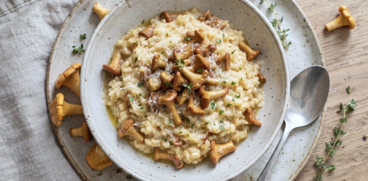 Risotto z kurkami to danie pachnące lasem, bo lasem pachną znajdujące się z nim grzyby leśne, czyli kurki. Aromatyczny od wywaru grzybowego ryż połączony z kurkami należy na koniec posypać serem parmezanem i wzbogacić smakiem masła.