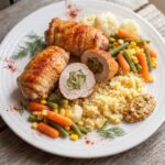 Roladki wieprzowe przygotowane ze schabu wieprzowego. Wypełnione są piórkami cebuli i słupkami ogórka kiszonego, a po zwinięciu pieczone w piekarniku.