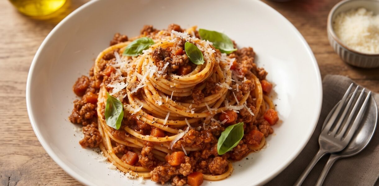 Przepyszny sos bolognese na bazie soffritto z mieszanego mięsa mielonego z dodatkiem pomidorów, czosnku, laski cynamonu i suszonego oregano.
